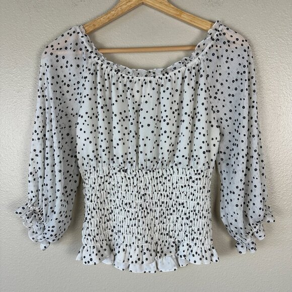 Anthropologie Lucia Blouse Top Smocked Cottagecore Polka Dot White Black Small - Picture 4 of 4